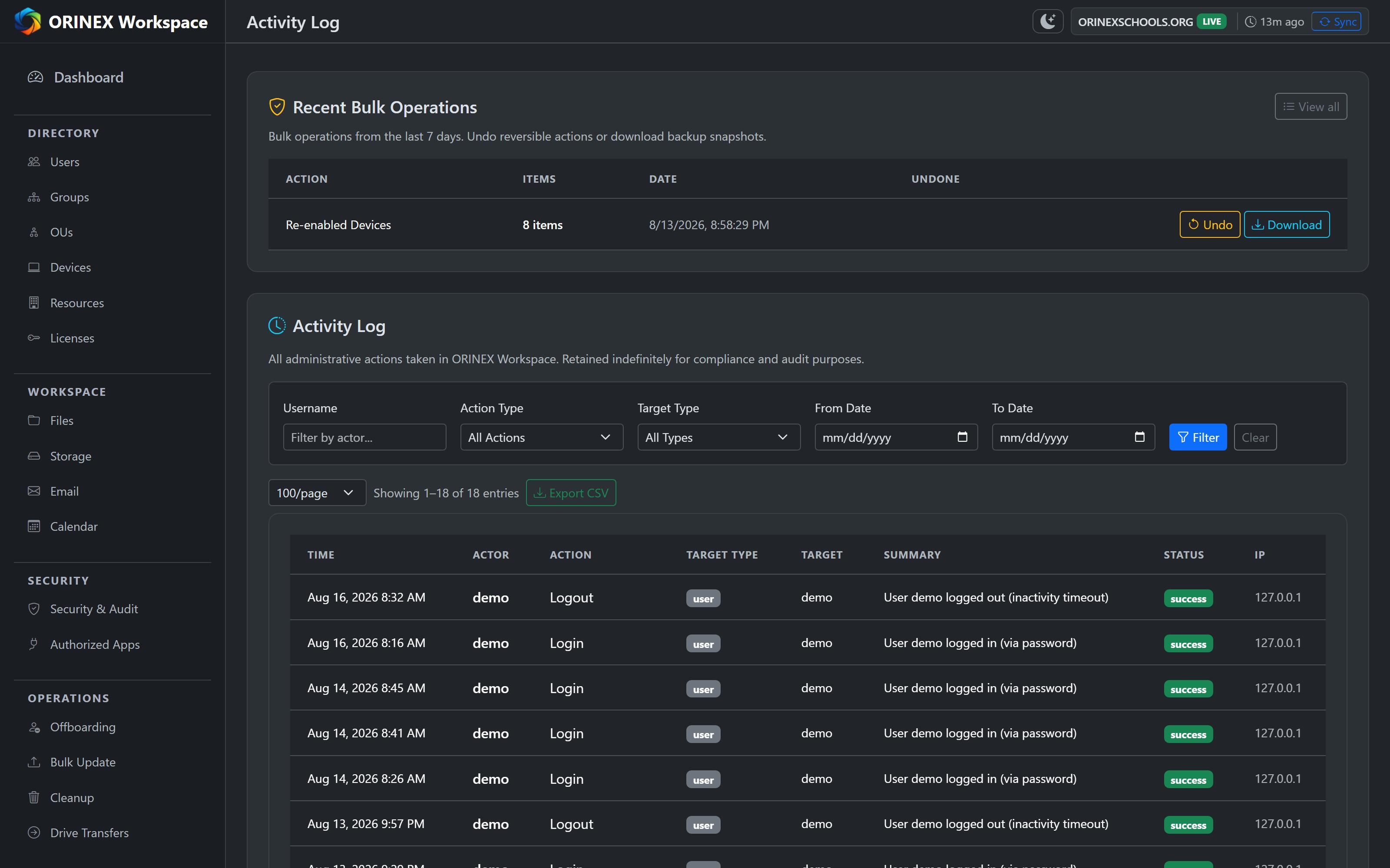 ORINEX Workspace admin activity log — every administrative action with actor, target, status and time, filterable and exportable