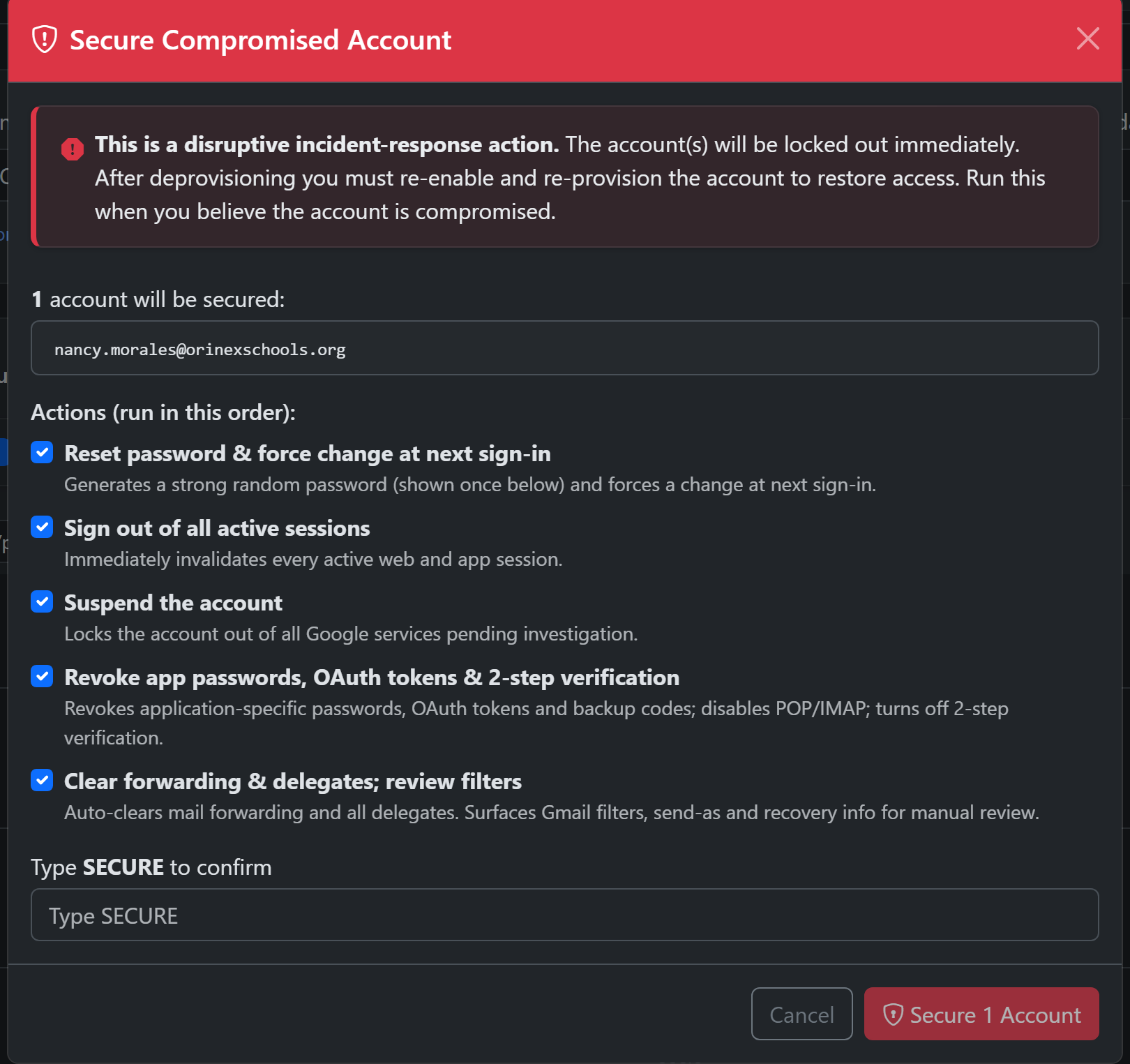 Secure a compromised account — reset password, sign out, suspend, deprovision, revoke access
