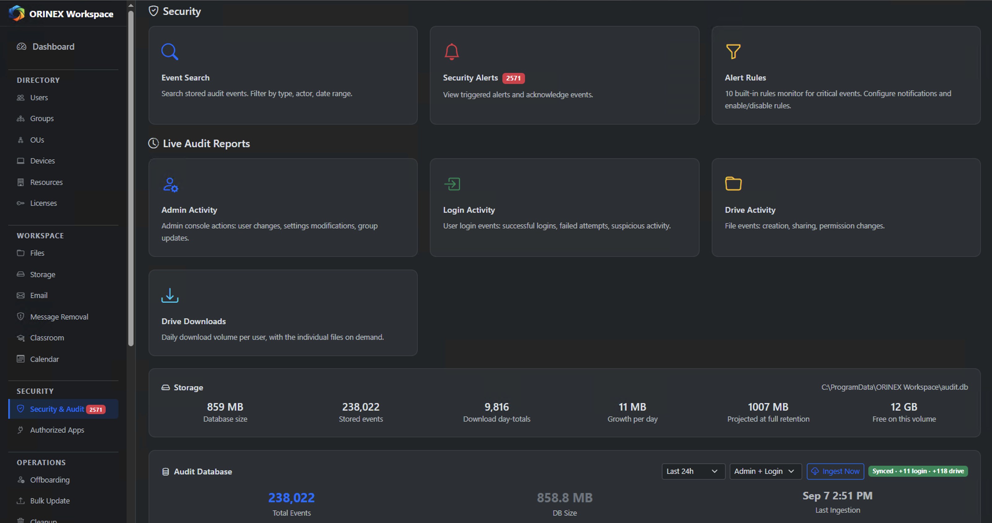 ORINEX Workspace Security & Audit hub — event search, security alerts, alert rules, live audit reports for admin, login and Drive activity, and audit database storage figures