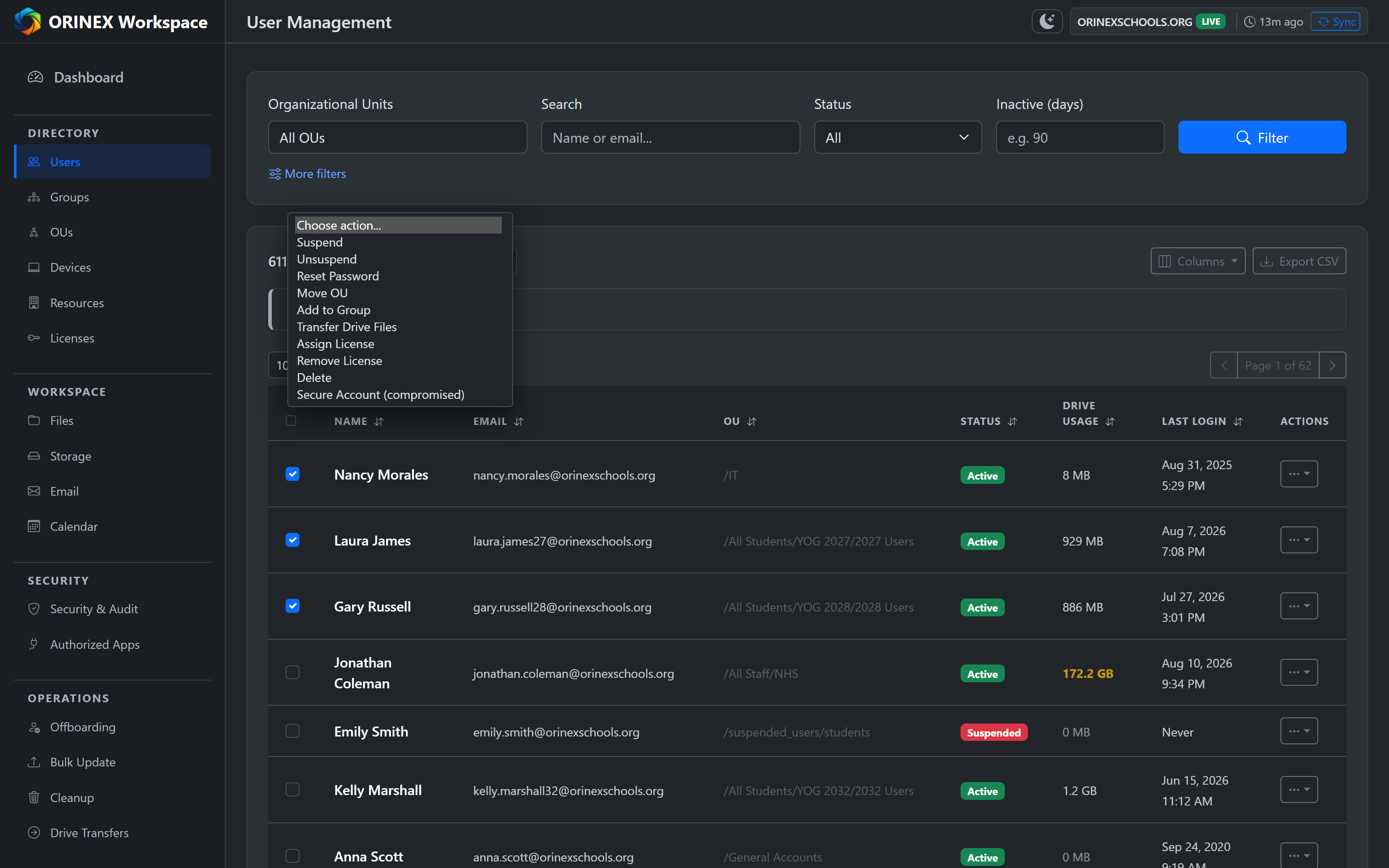 ORINEX Workspace User Management — bulk action menu open over a list of thousands of users